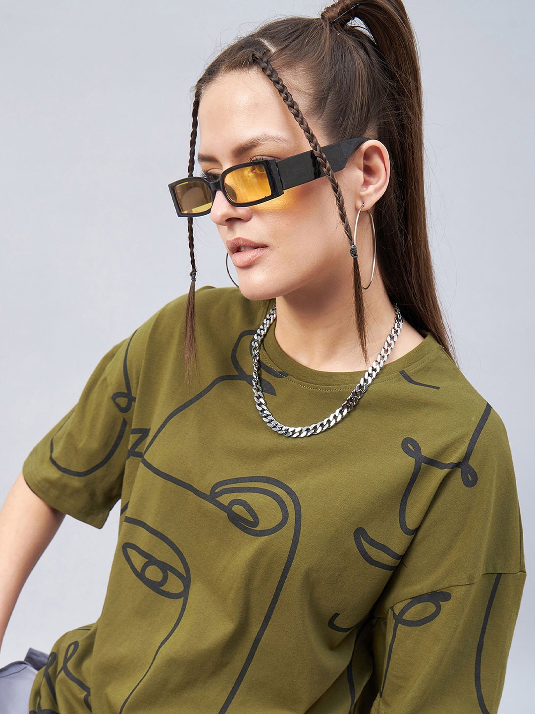 

GESPO Graphic Printed Drop-Shoulder Sleeves Pure Cotton Casual Oversized T-shirt, Olive