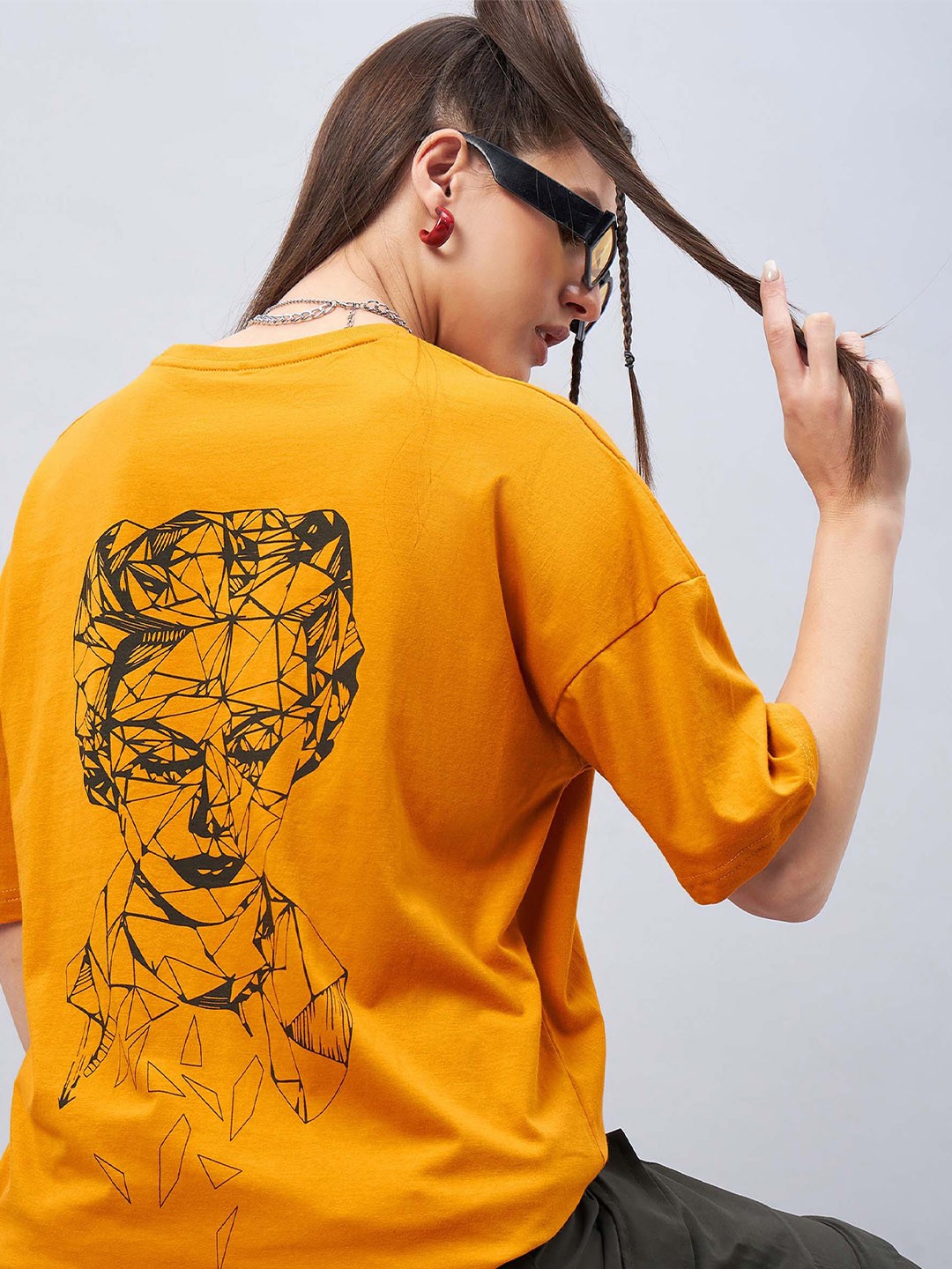 

GESPO Graphic Printed Drop Shoulder Sleeves Oversized Cotton T-shirt, Mustard