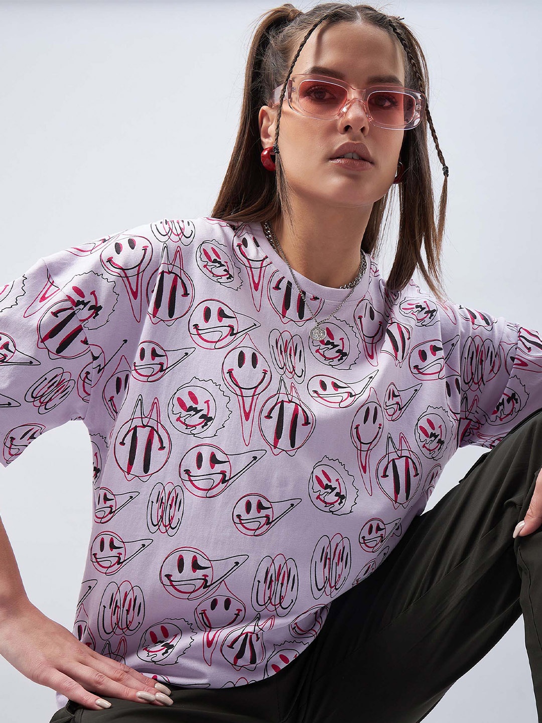 

GESPO Graphic Printed Drop Shoulder Sleeves Oversized Cotton T-shirt, Purple