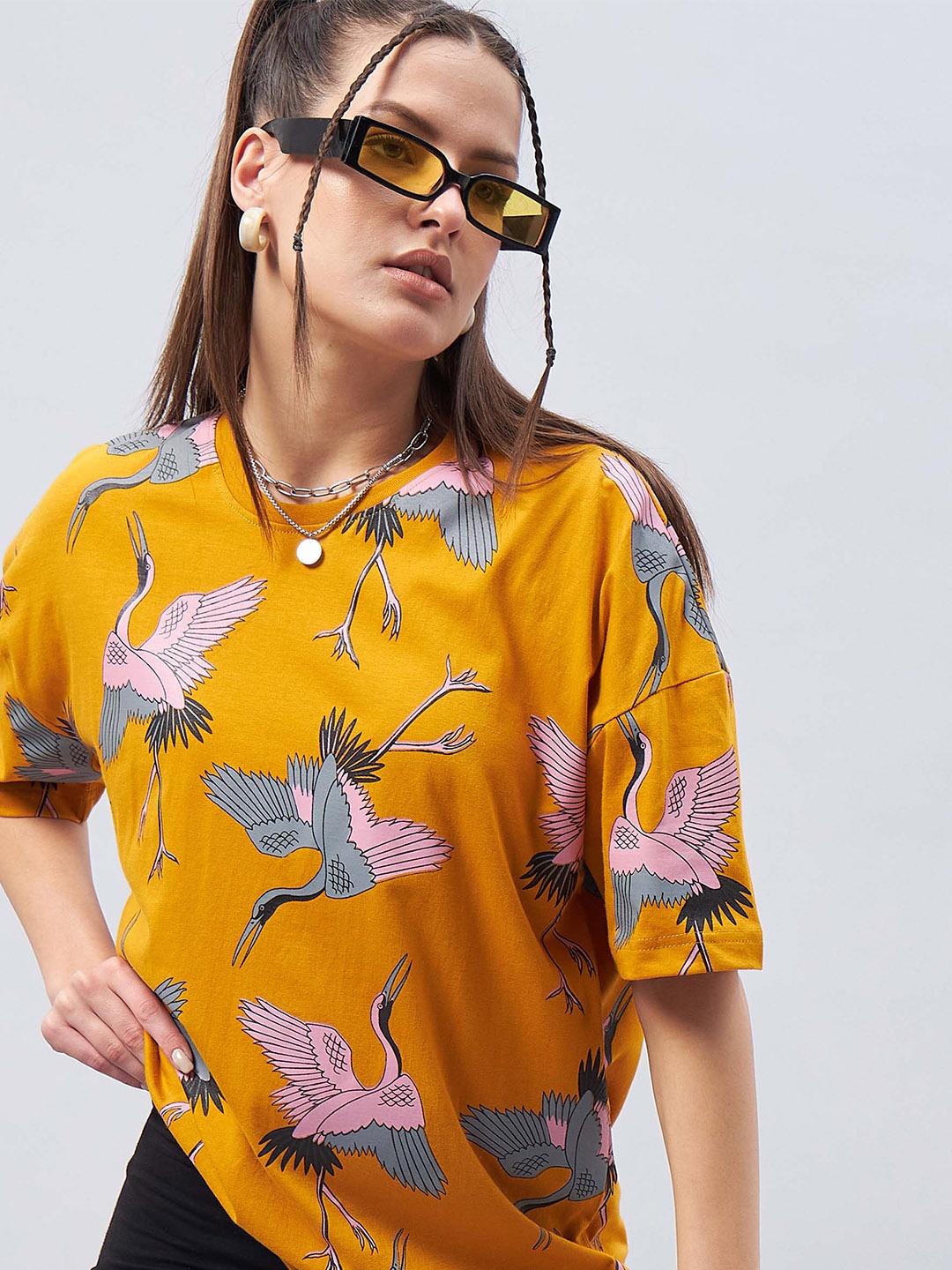 

GESPO Round Neck Short Sleeves Graphic Printed Oversized Cotton T-shirt, Mustard