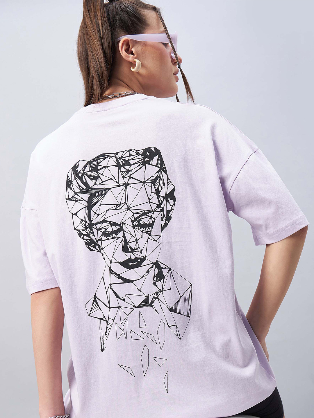 

GESPO Graphic Printed Drop Shoulder Sleeves Oversized Cotton T-shirt, Purple