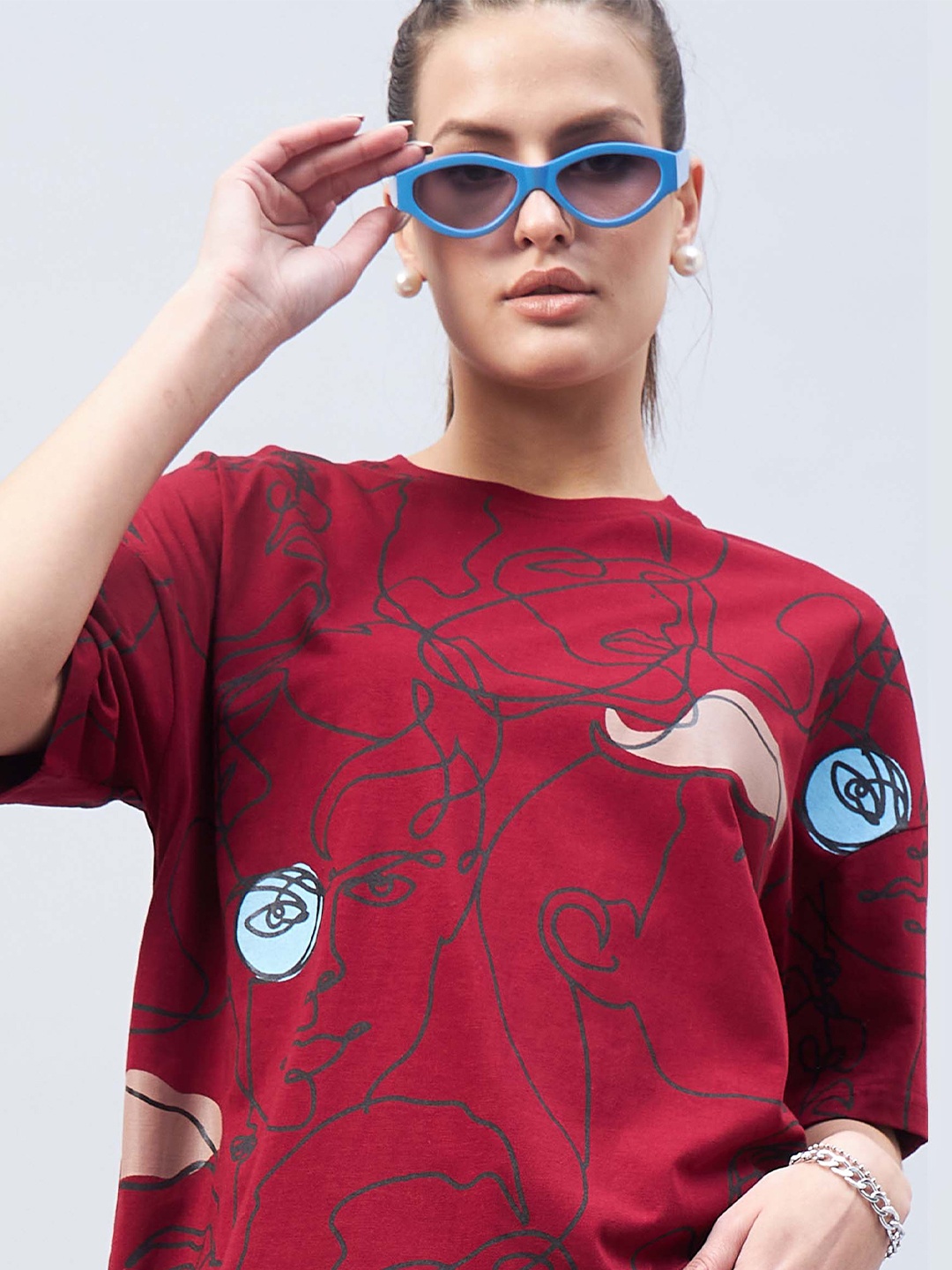 

GESPO Graphic Printed Drop Shoulder Sleeves Oversized Cotton T-shirt, Maroon