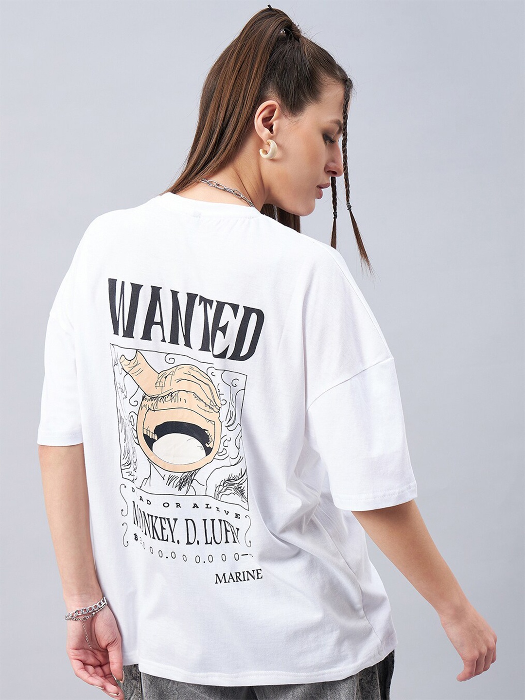 GESPO Graphic Printed Drop Shoulder Sleeves Oversized Cotton T-shirt, White