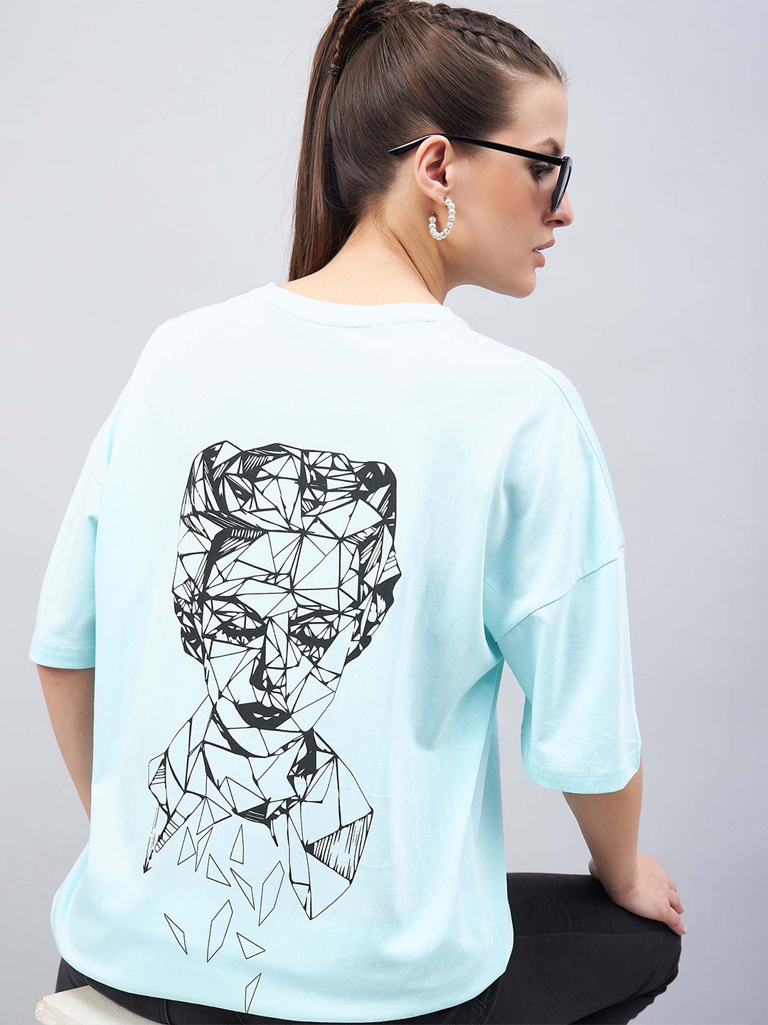 

GESPO Graphic Printed Drop Shoulder Sleeves Oversized Cotton T-shirt, Turquoise blue