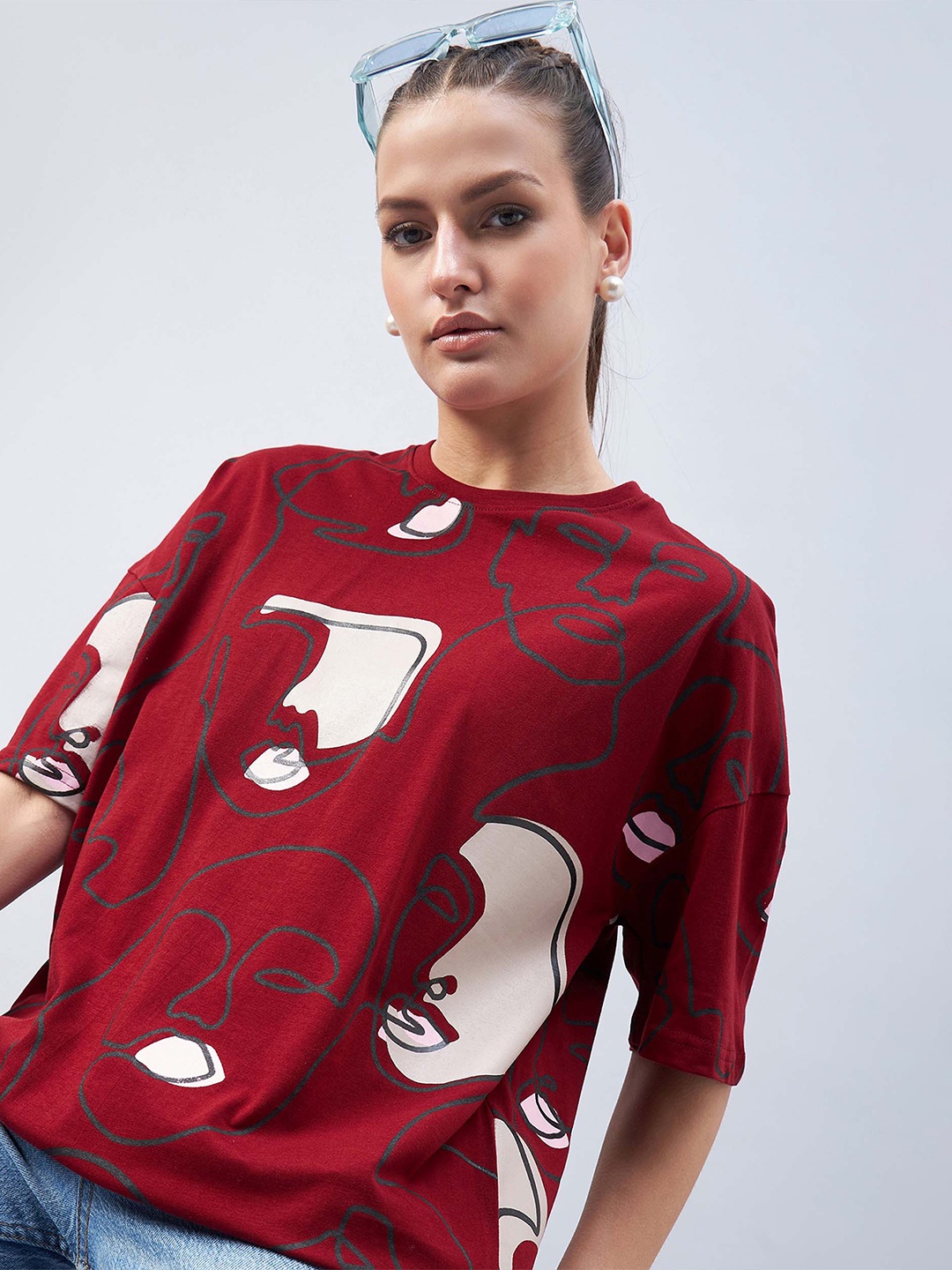 

GESPO Graphic Printed Drop Shoulder Sleeves Oversized Cotton T-shirt, Maroon