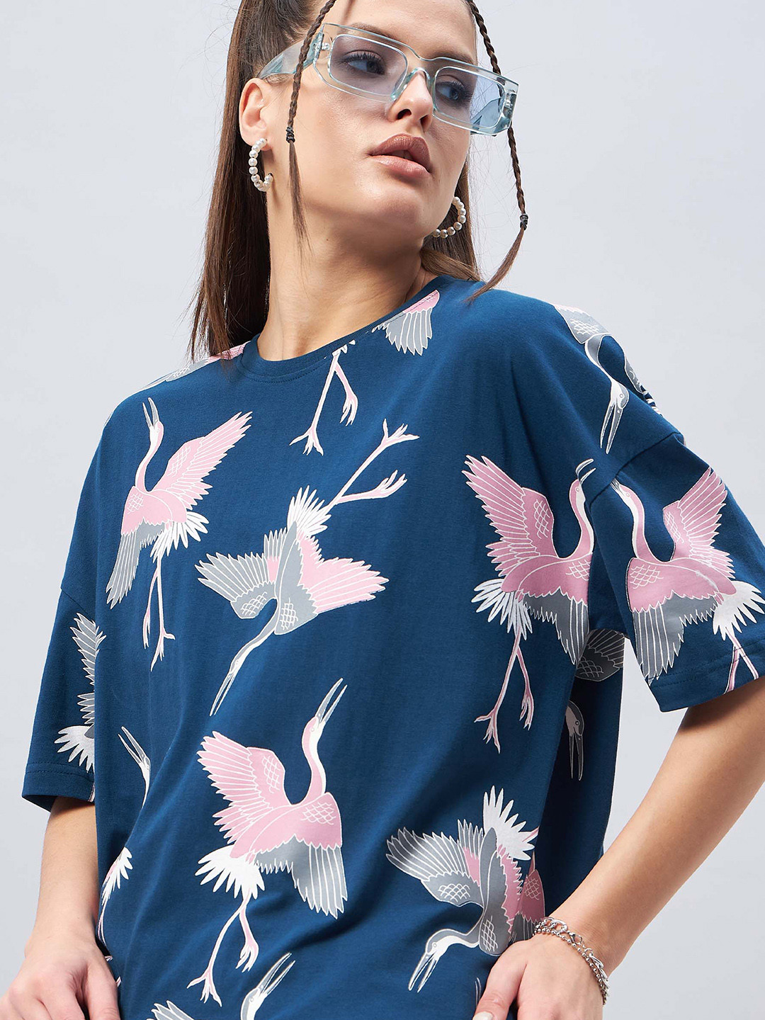 

GESPO Graphic Printed Drop Shoulder Sleeves Pure Cotton Casual Oversized T-shirt, Teal