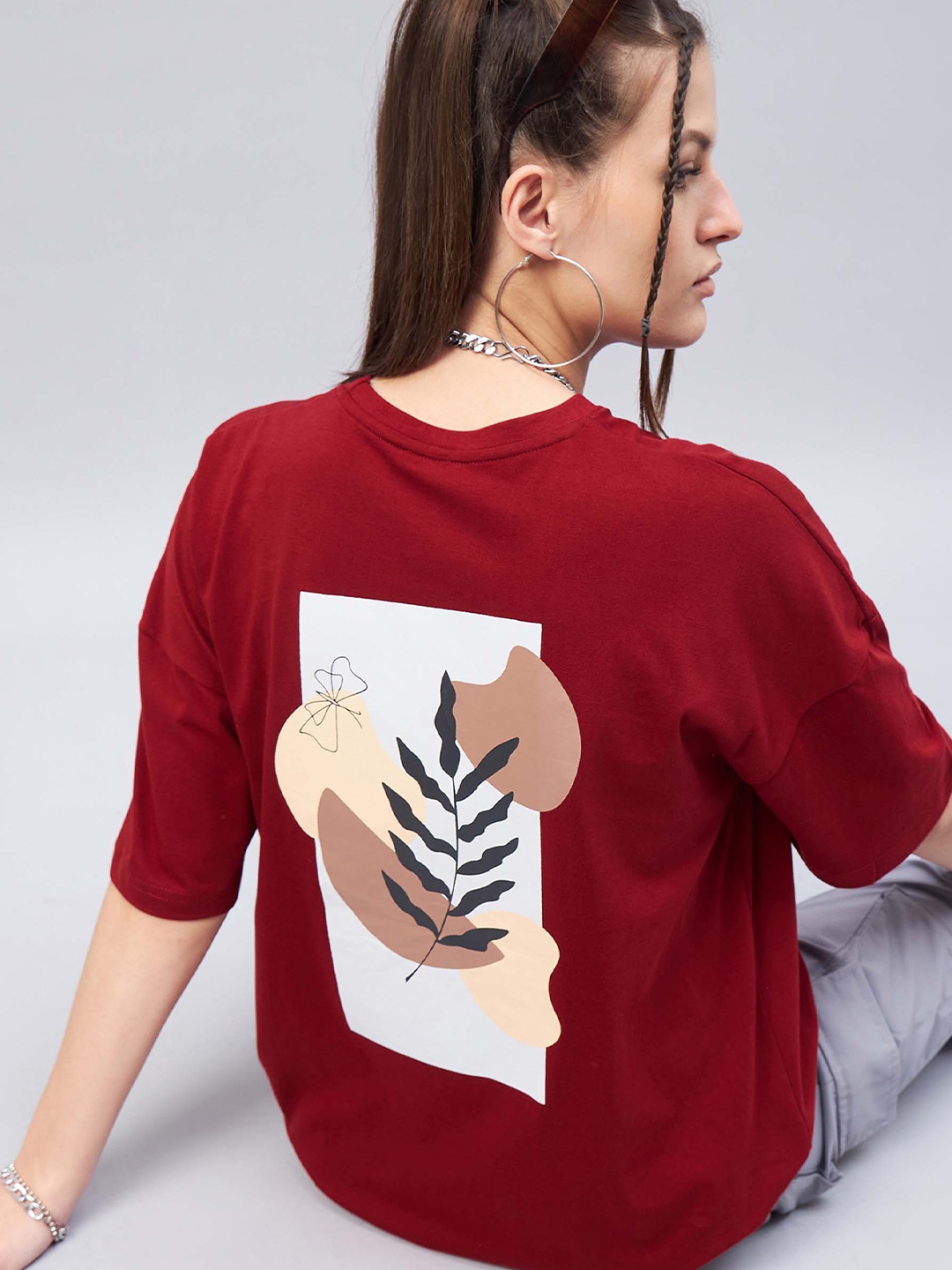 

GESPO Graphic Printed Drop Shoulder Sleeves Oversized Cotton T-shirt, Red