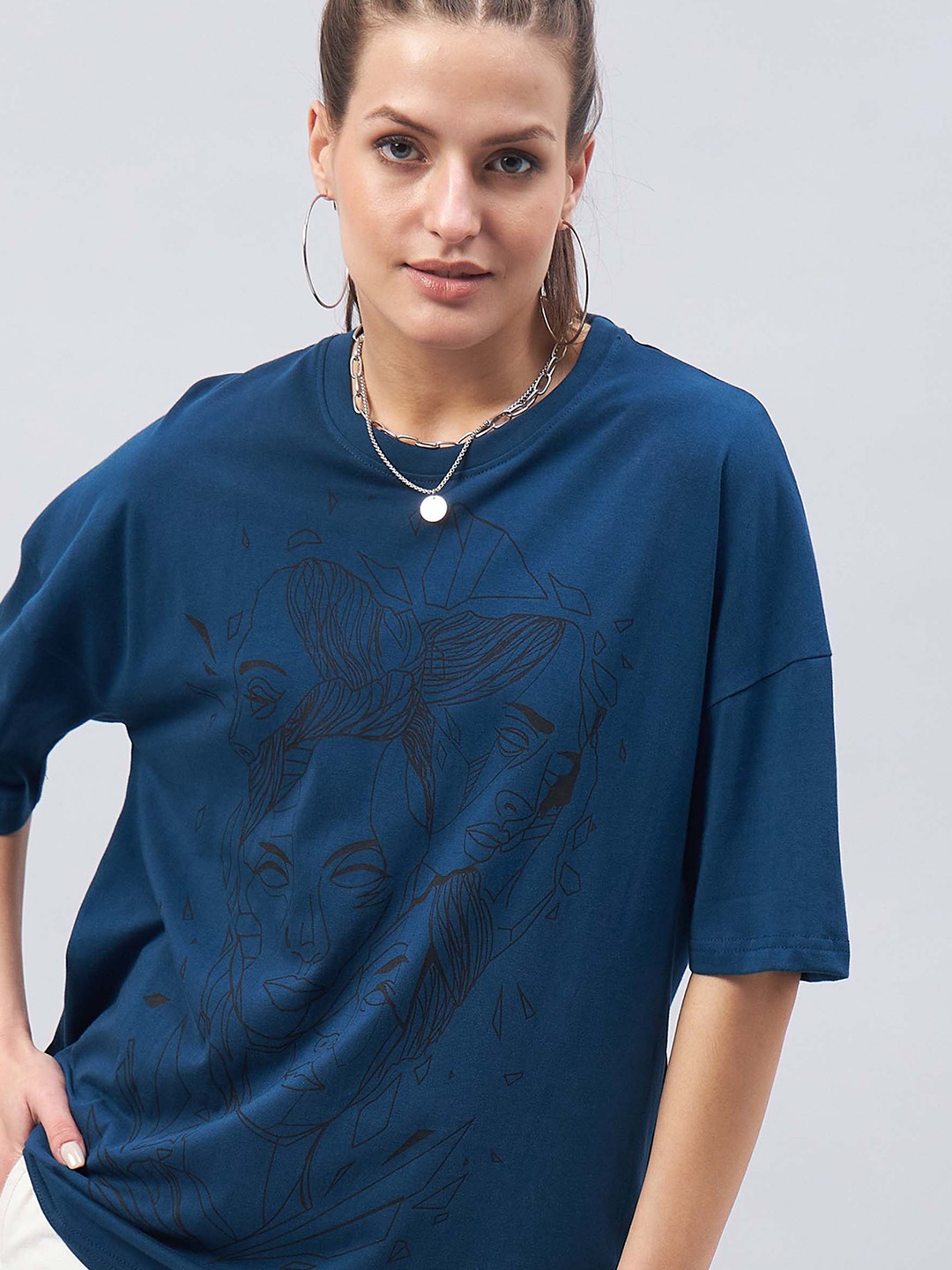 

GESPO Graphic Printed Drop-Shoulder Sleeves Pure Cotton Casual Oversized T-shirt, Teal