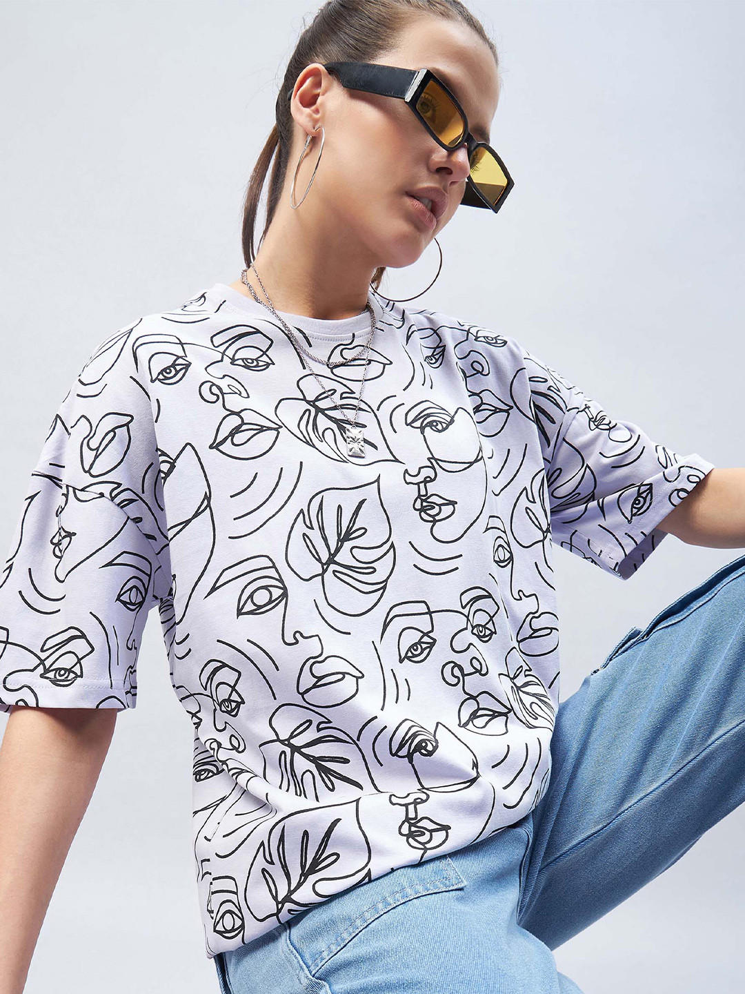 

GESPO Graphic Printed Drop Shoulder Sleeves Oversized Cotton T-shirt, Purple