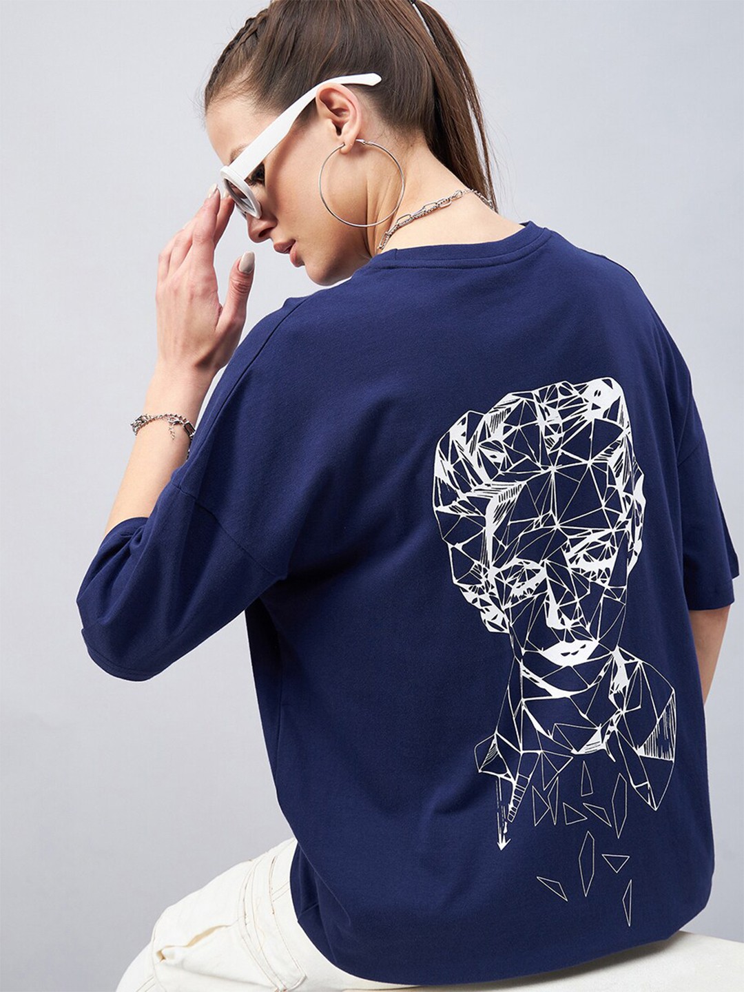 

GESPO Graphic Printed Drop Shoulder Sleeves Oversized Cotton T-shirt, Blue