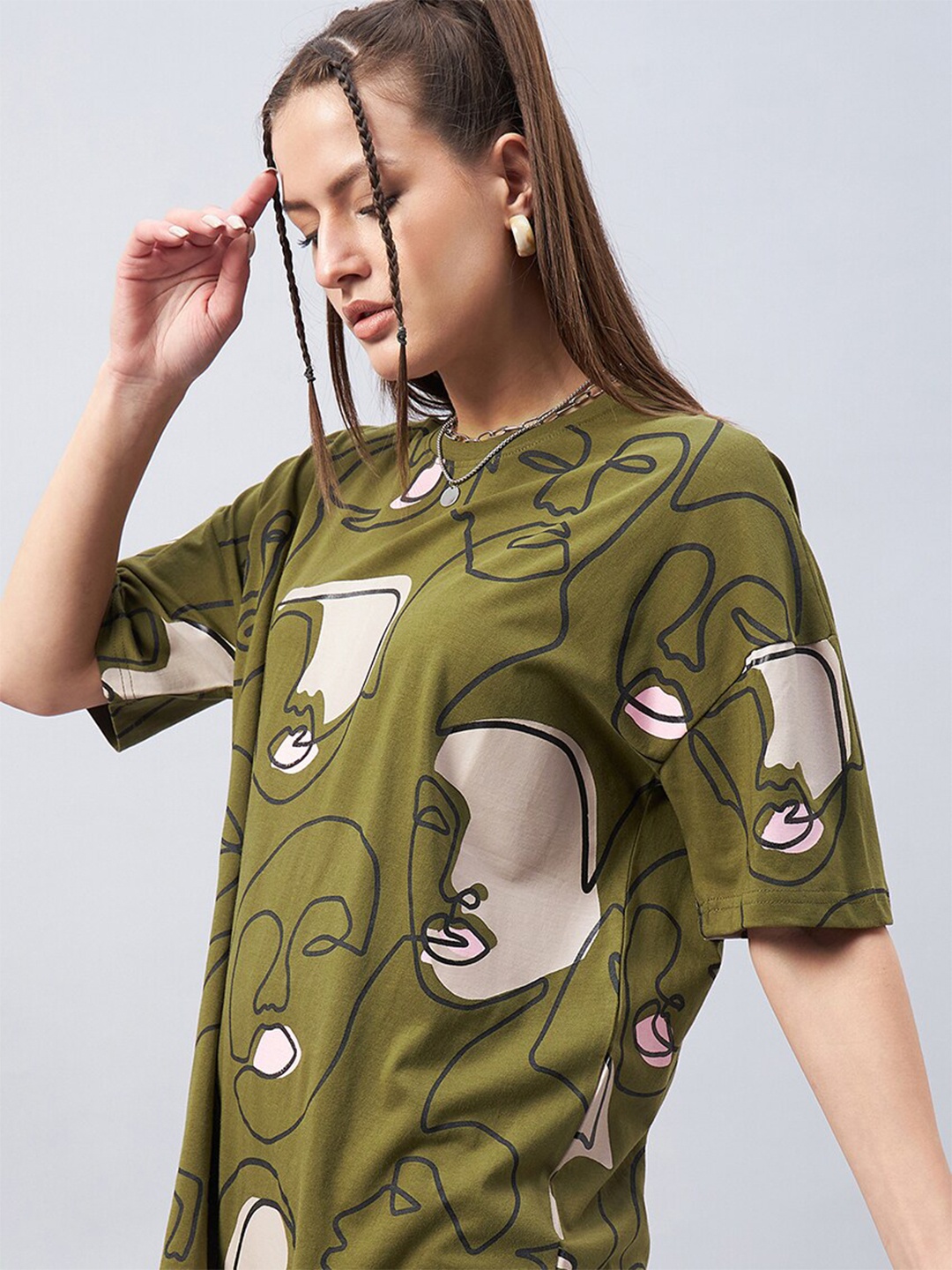 

GESPO Graphic Printed Drop Shoulder Sleeves Oversized Cotton T-shirt, Green
