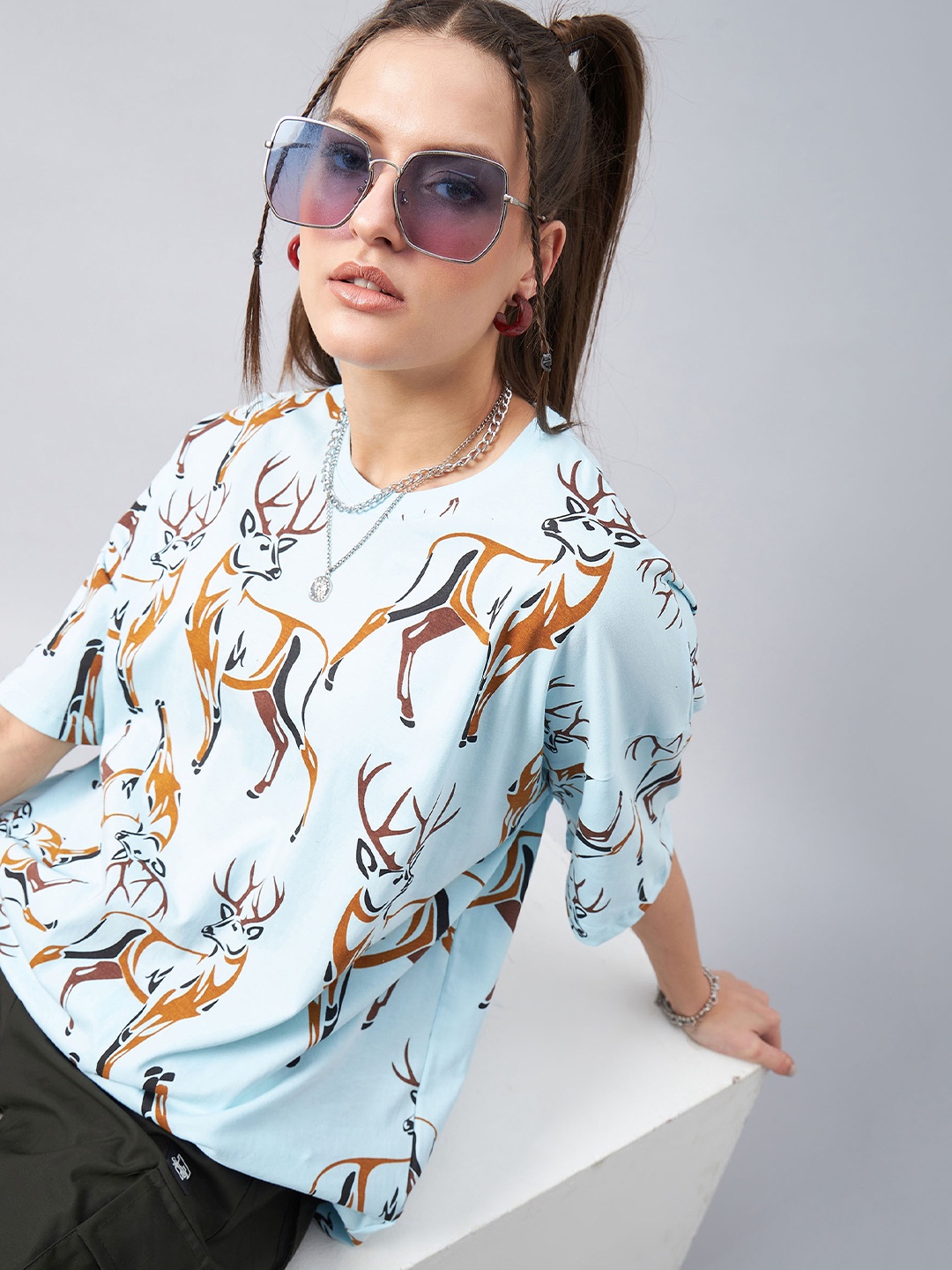 

GESPO Graphic Printed Drop Shoulder Sleeves Oversized Cotton T-shirt, Turquoise blue