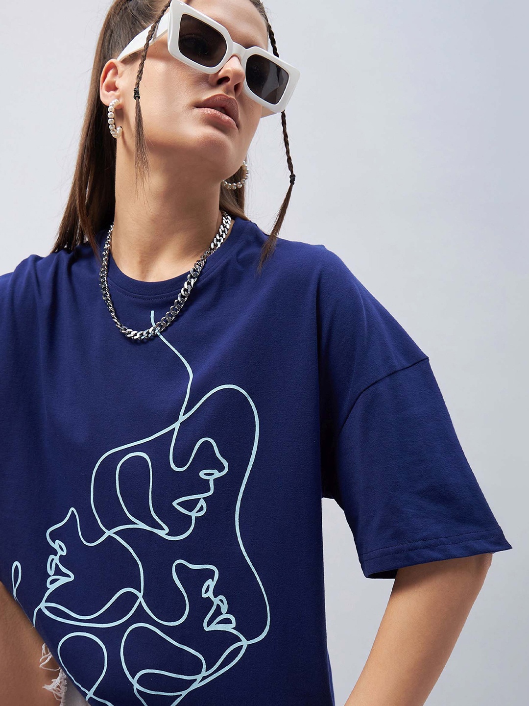 

GESPO Graphic Printed Drop Shoulder Sleeves Oversized Cotton T-shirt, Blue