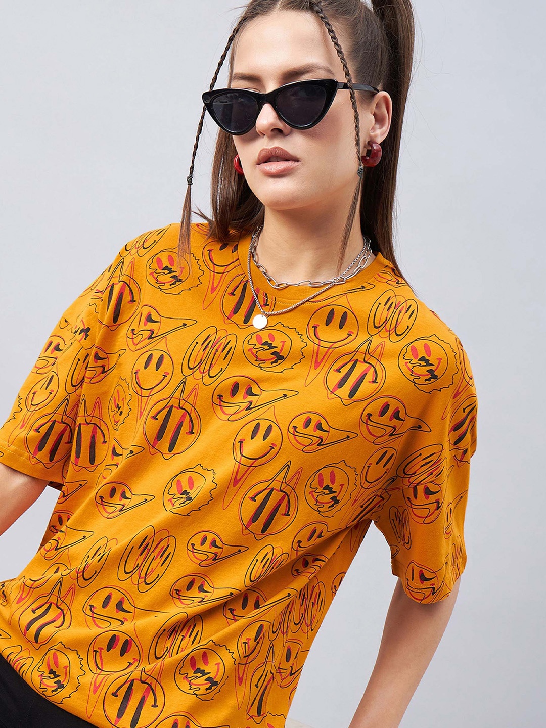 

GESPO Graphic Printed Drop Shoulder Sleeves Oversized Cotton T-shirt, Mustard