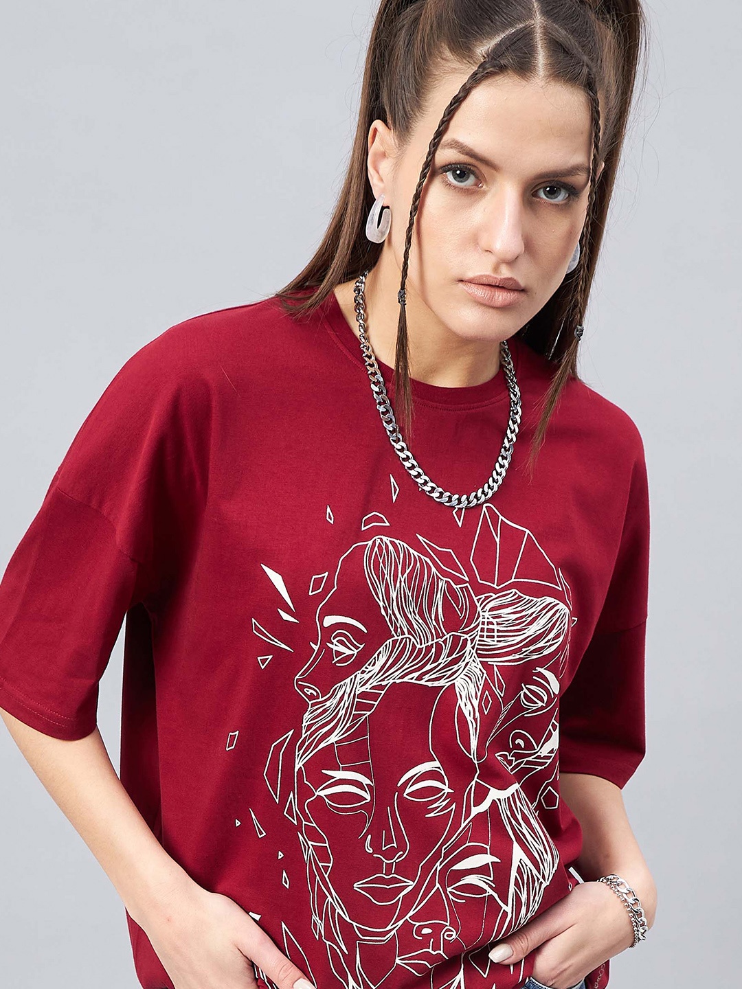 

GESPO Graphic Printed Drop Shoulder Sleeves Oversized Cotton T-shirt, Red