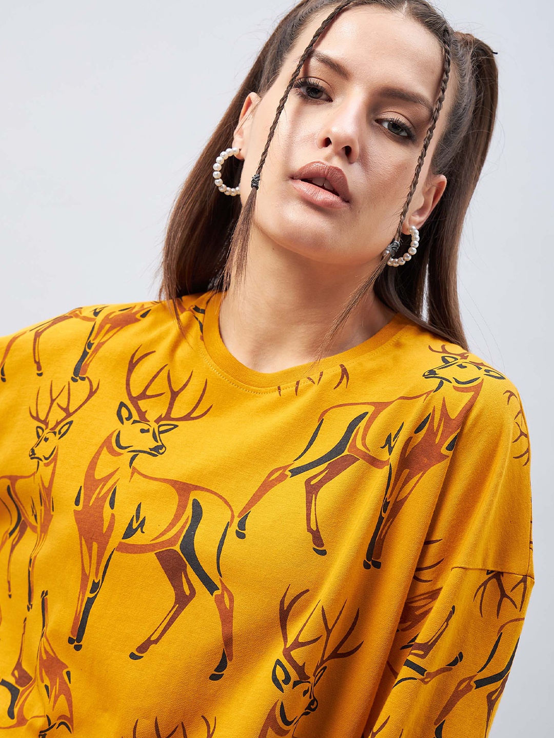 

GESPO Graphic Printed Drop Shoulder Sleeves Oversized Cotton T-shirt, Mustard