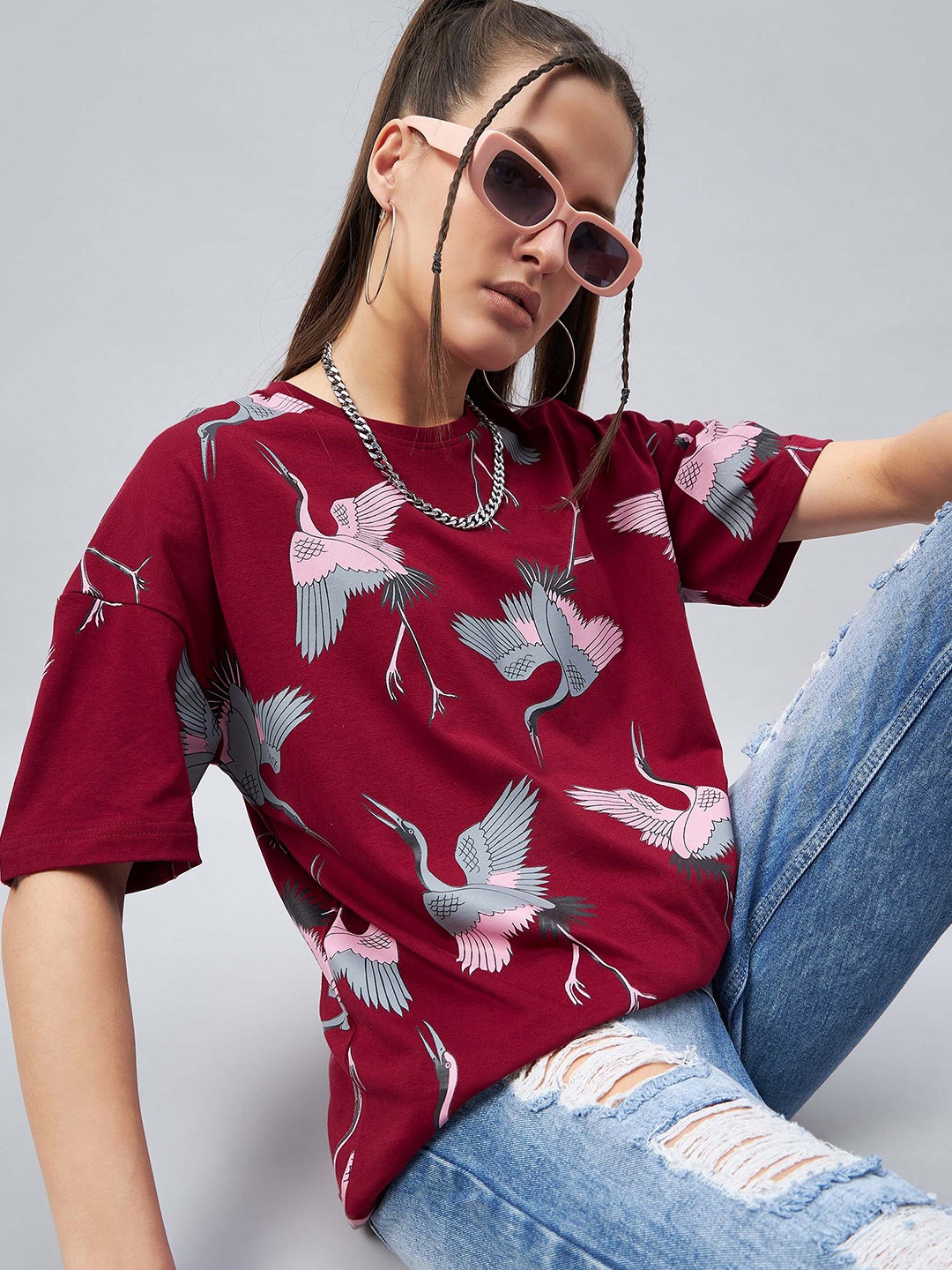 

GESPO Graphic Printed Drop Shoulder Sleeves Oversized Cotton T-shirt, Maroon