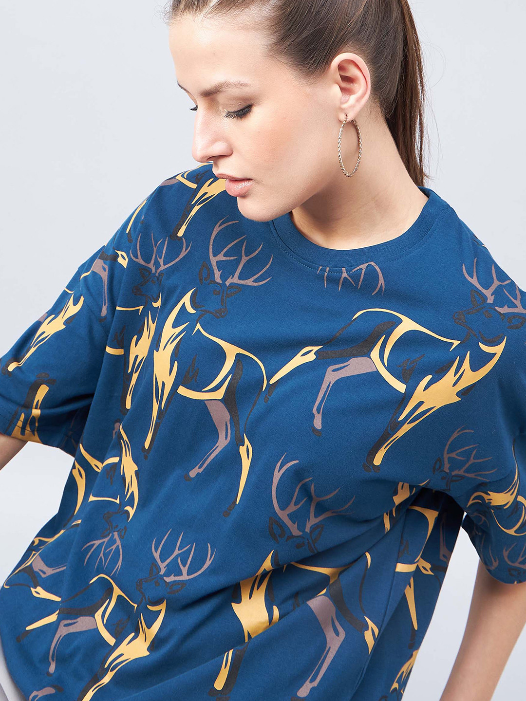 

GESPO Graphic Printed Drop-Shoulder Sleeves Pure Cotton Casual Oversized T-shirt, Teal