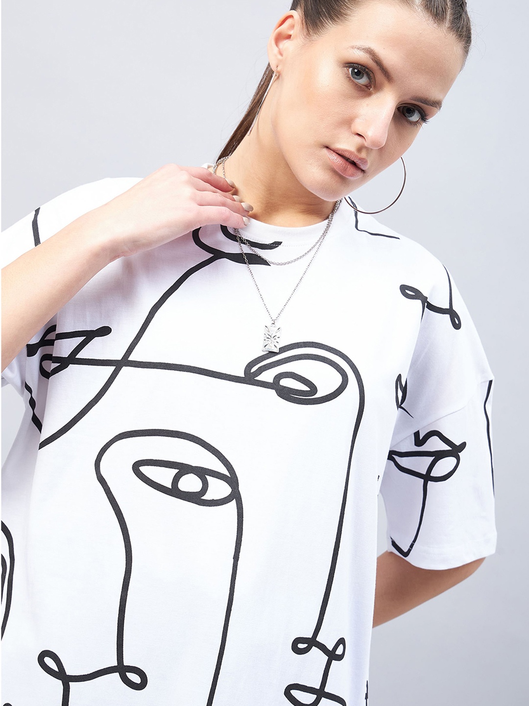 

GESPO Graphic Printed Drop Shoulder Sleeves Oversized Cotton T-shirt, White