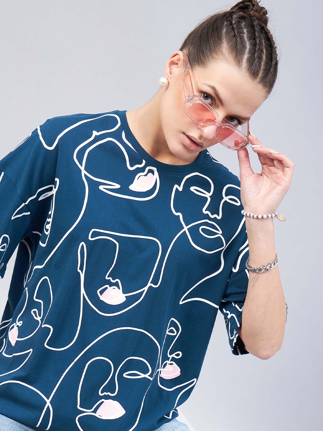 

GESPO Graphic Printed Drop-Shoulder Sleeves Pure Cotton Casual Oversized T-shirt, Teal