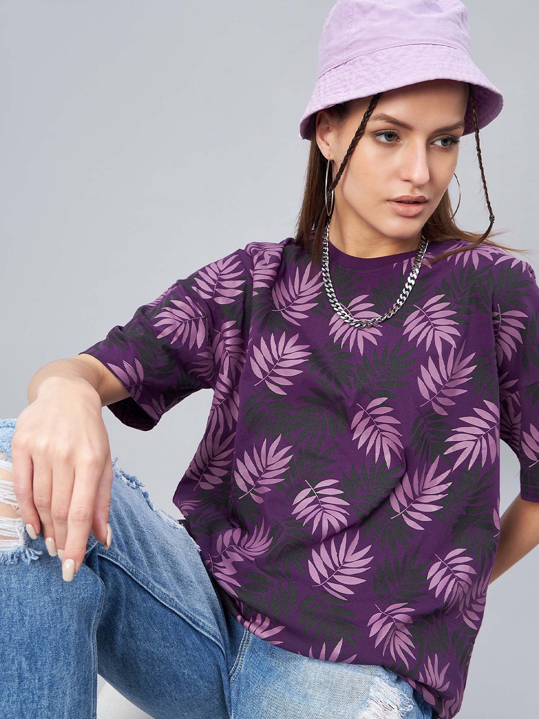 

GESPO Graphic Printed Drop Shoulder Sleeves Oversized Cotton T-shirt, Purple