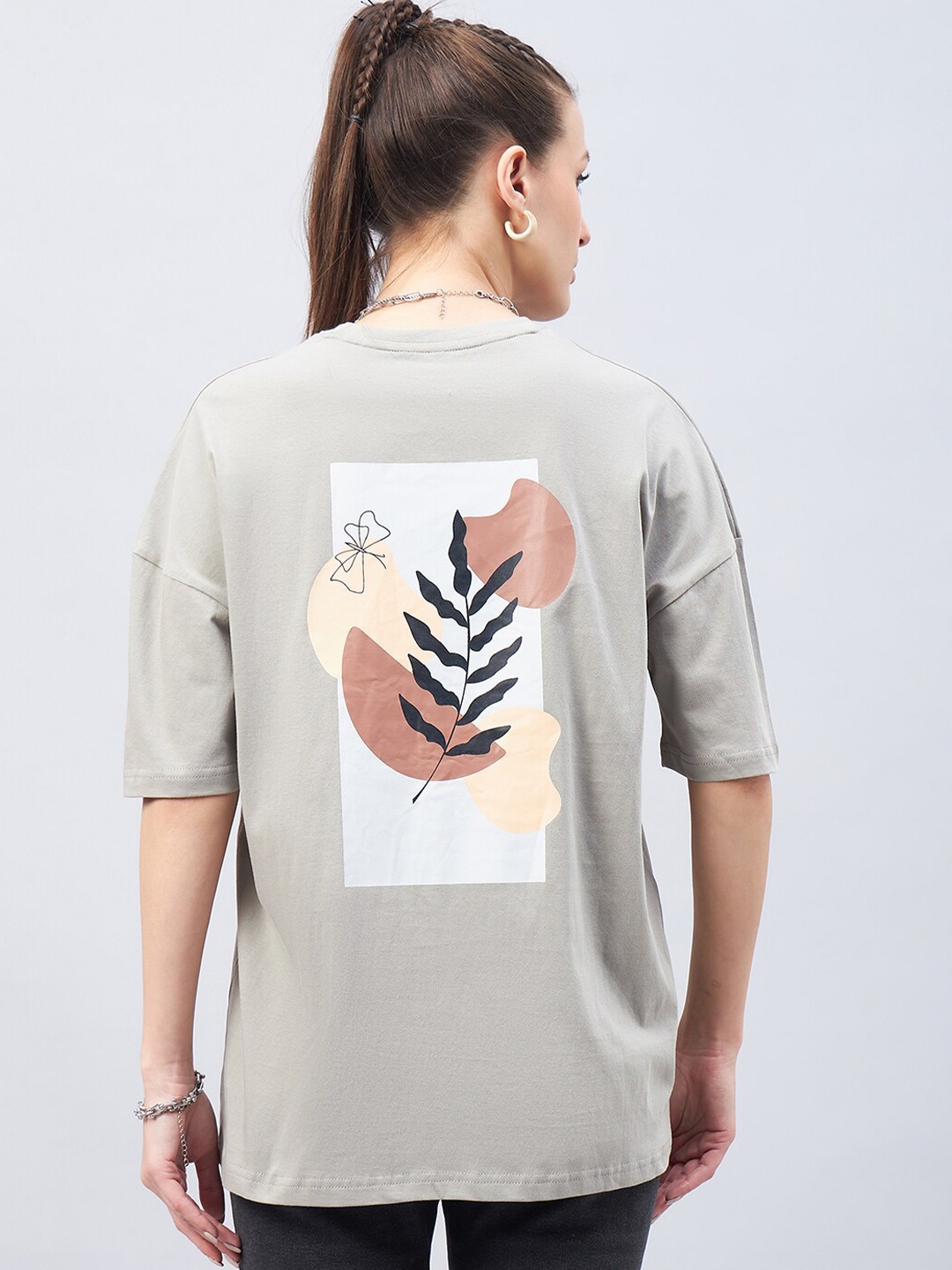 

GESPO Graphic Printed Drop Shoulder Sleeves Pure Cotton Oversized T-shirt, Grey