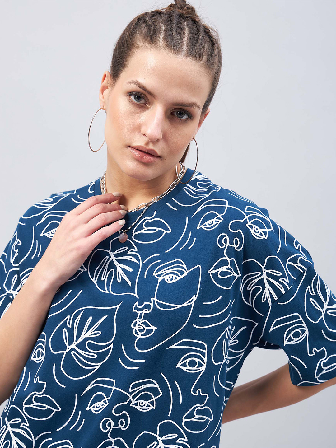 

GESPO Graphic Printed Drop Shoulder Sleeves Oversized Cotton T-shirt, Teal