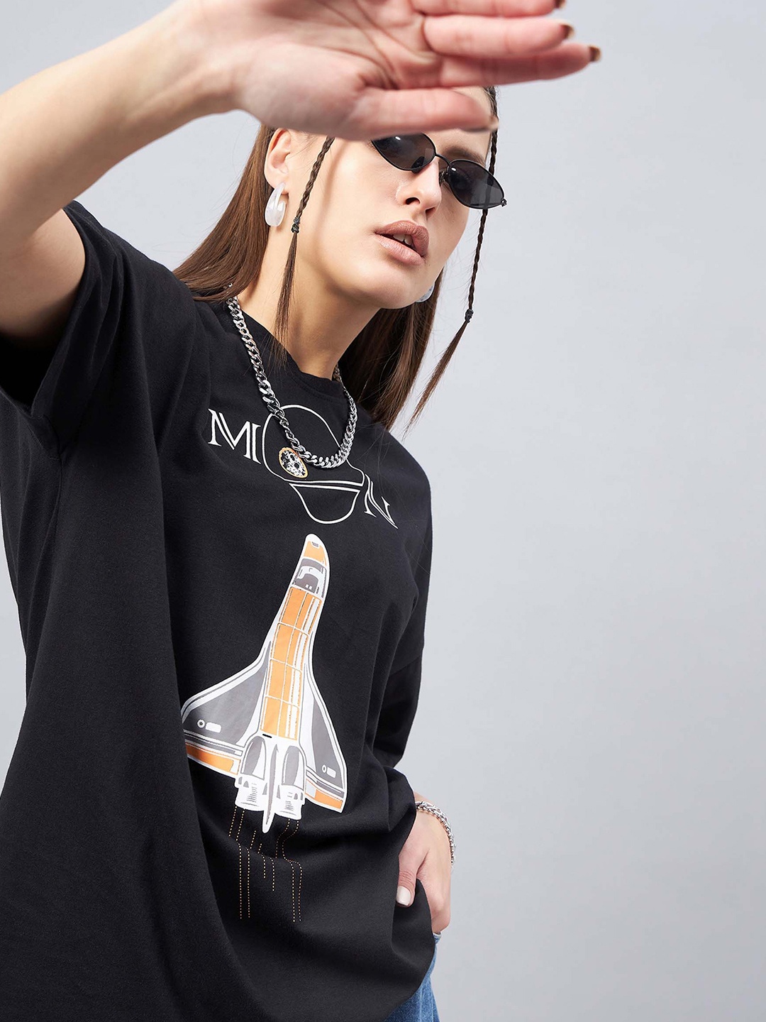 

GESPO Graphic Printed Drop Shoulder Sleeves Oversized Cotton T-shirt, Black