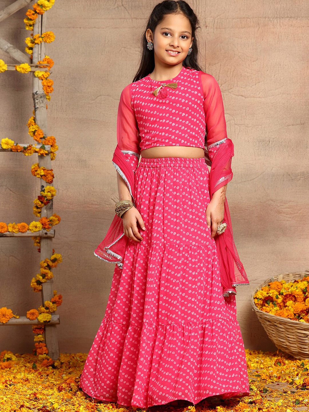 

Miss Indya Girls Printed Ready to Wear Lehenga & Blouse With Dupatta, Pink