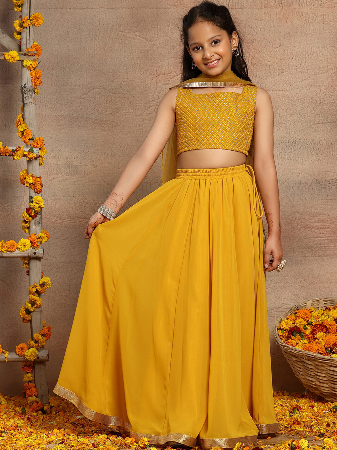 

Miss Indya Girls Embroidered Beads and Stones Ready to Wear Lehenga & Blouse With Dupatta, Yellow