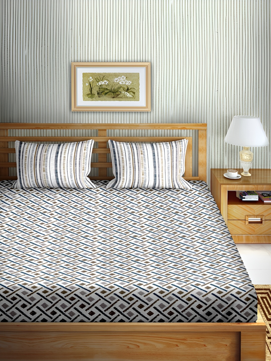 

Aura Grey & Brown Geometric Cotton 180 TC Queen Bedsheet with 2 Pillow Covers