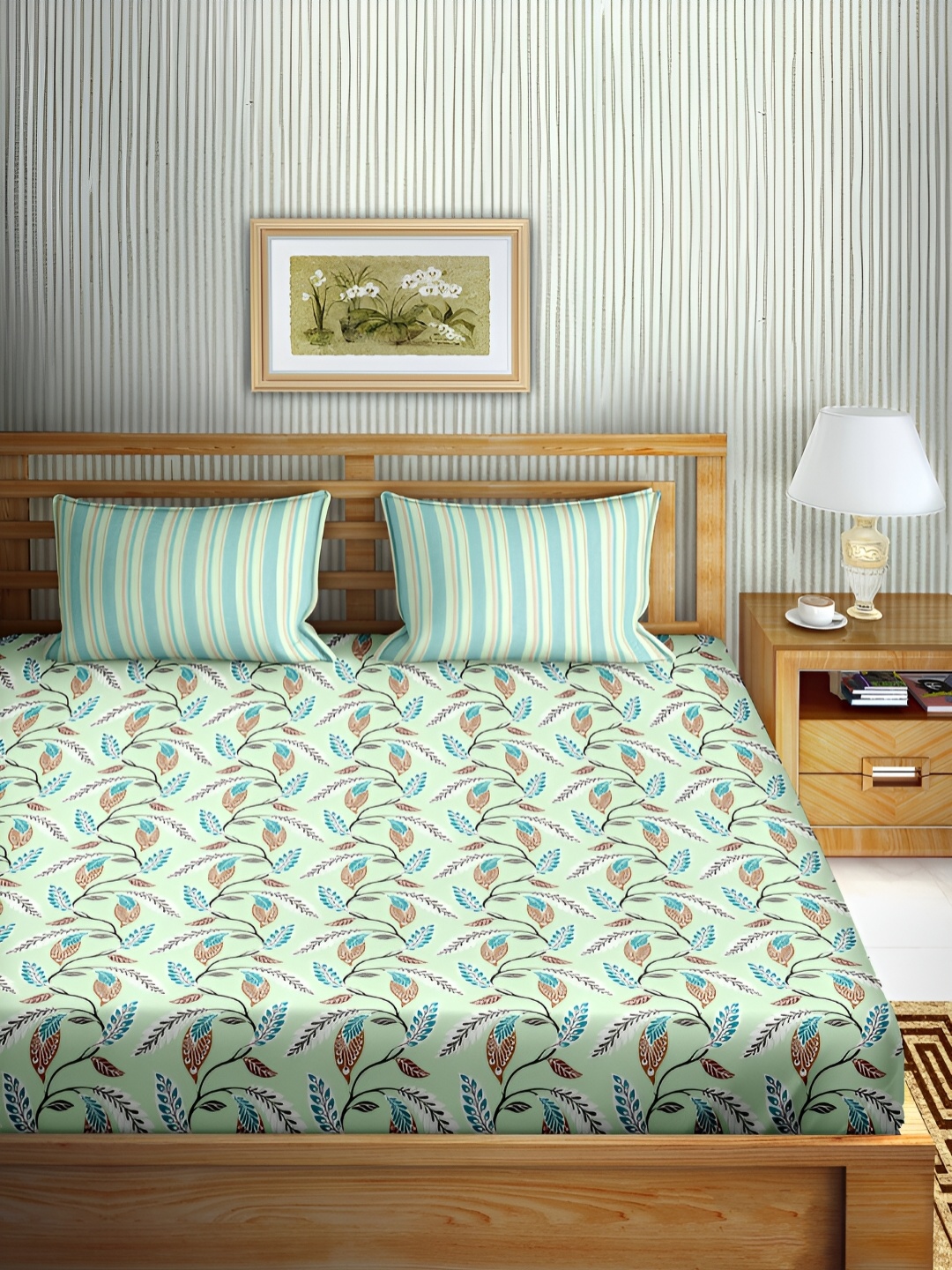 

Aura Green & Blue Floral Cotton 180 TC King Bedsheet with 2 Pillow Covers