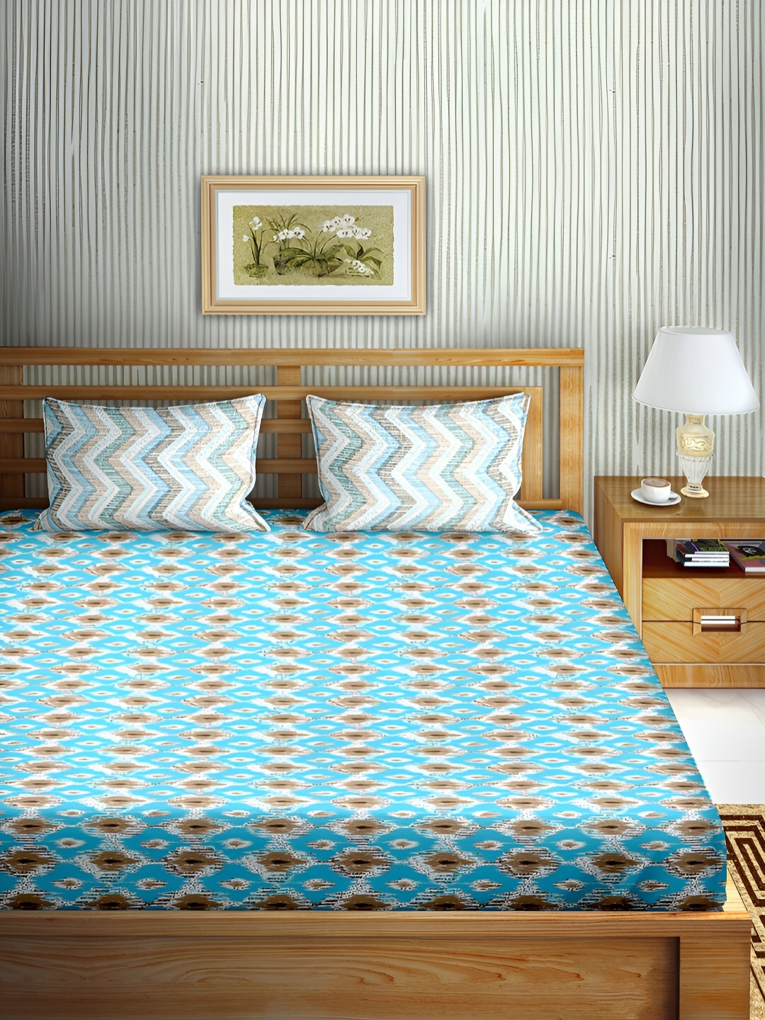 

Aura Teal & White Geometric Cotton 180 TC Queen Bedsheet with 2 Pillow Covers