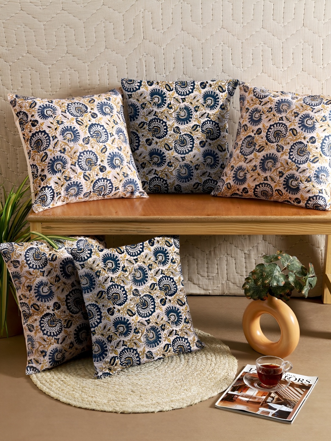 

TARAN LIVING Blue & Beige 5 Pcs Floral Square Cushion Covers
