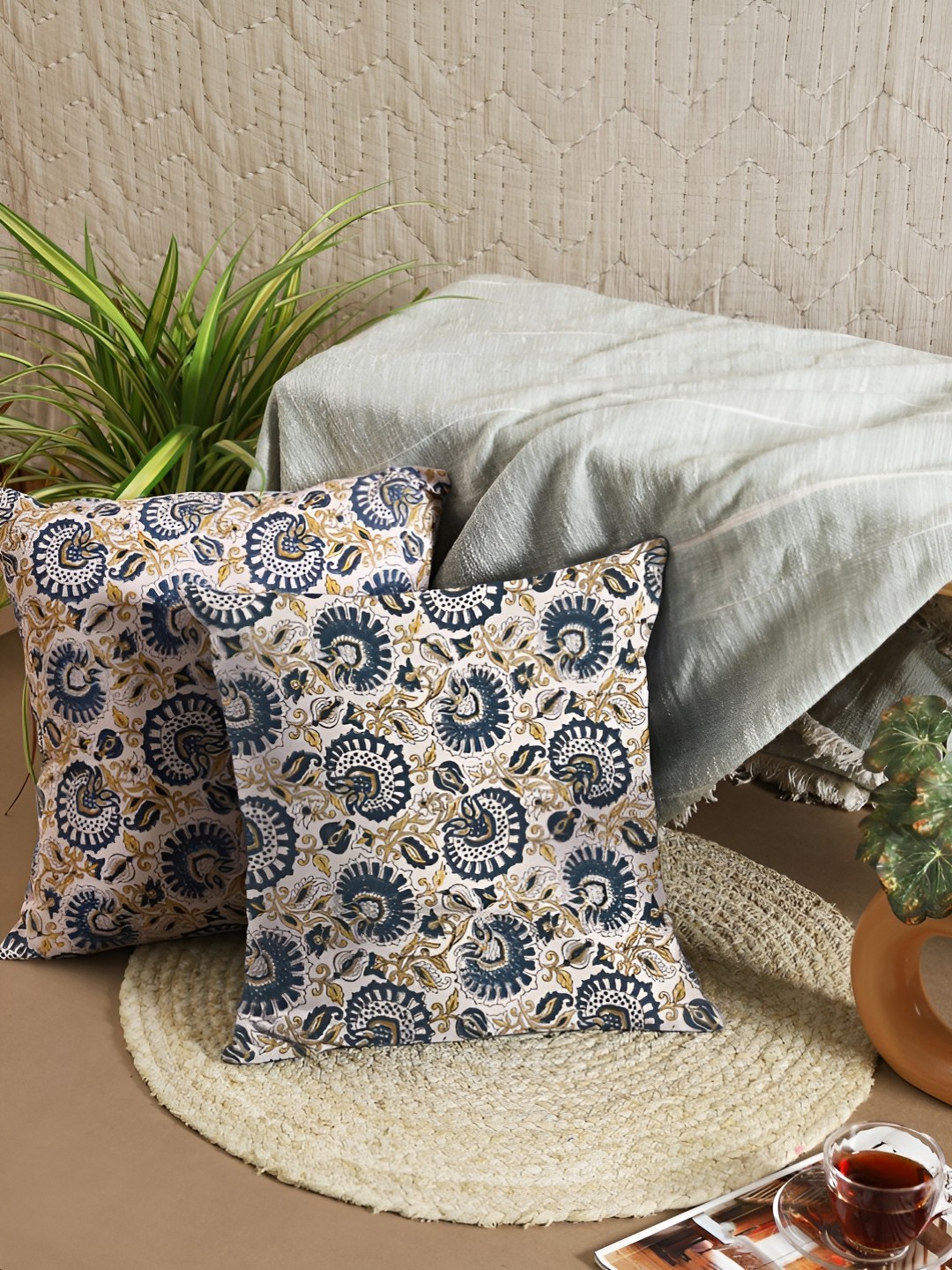 

Ratan Cart Blue & Beige 2 Pcs Floral Square Cushion Covers
