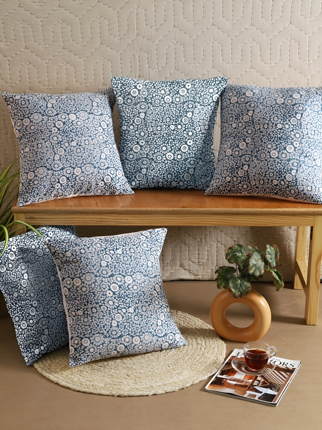

Ratan Cart Blue & White 5 Pcs Floral Square Cushion Covers