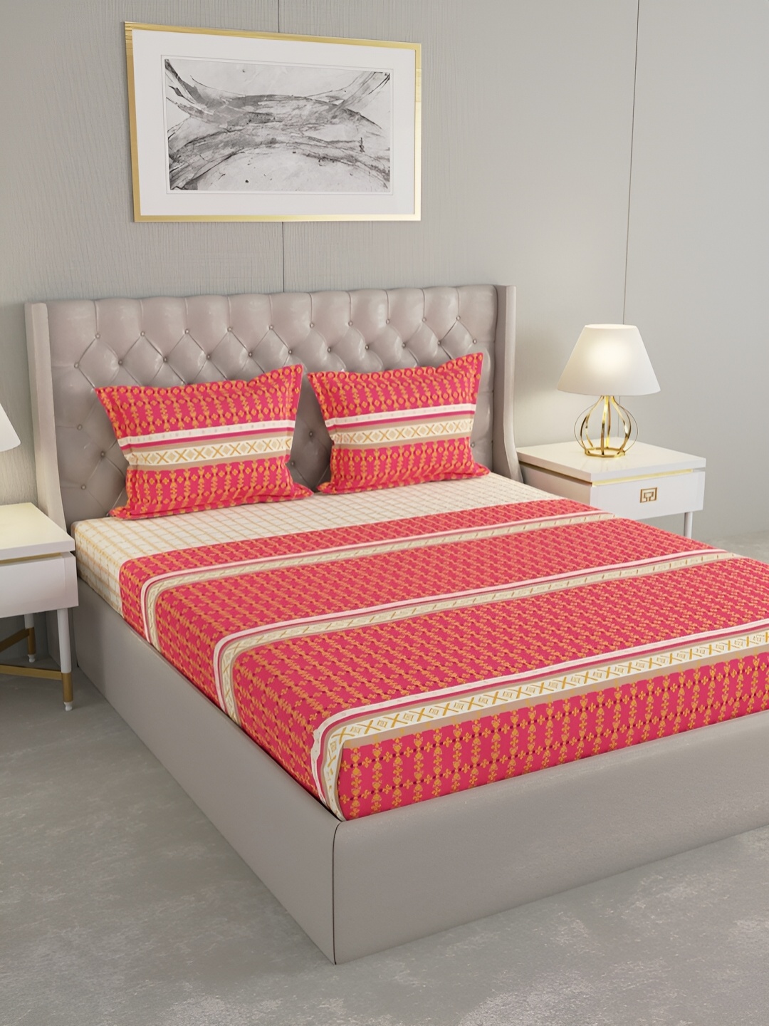 

Raymond Home Pink & Yellow Geometric Cotton 120 TC King Bedsheet With 2 Pillow Covers