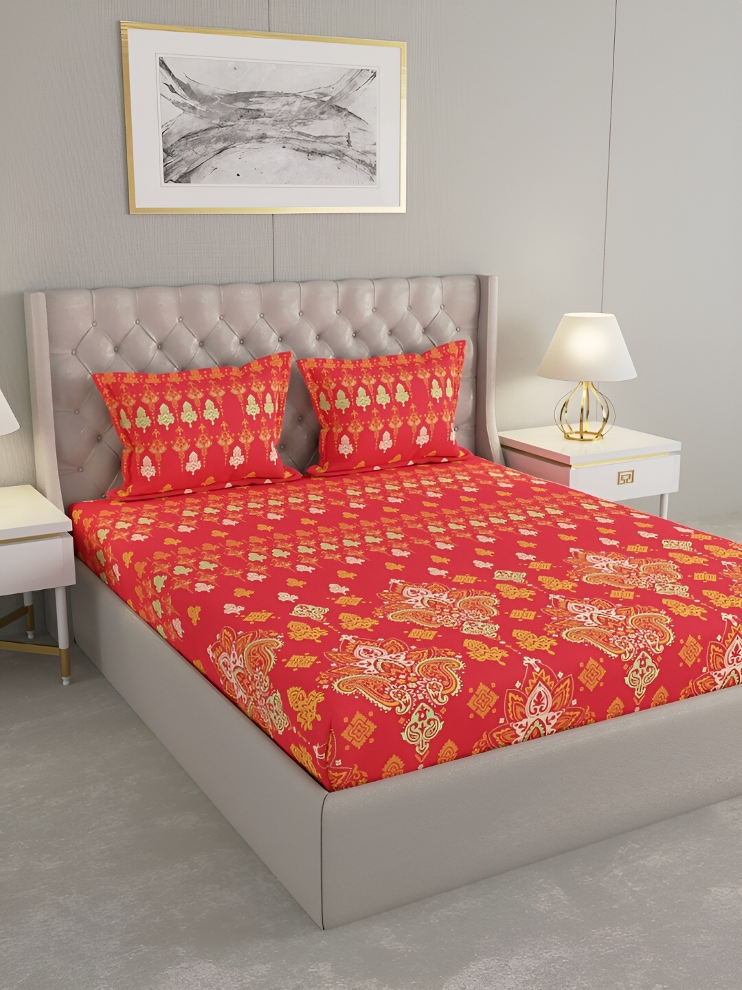 

Raymond Home Red & Yellow Floral Cotton 120 TC King Bedsheet With 2 Pillow Covers