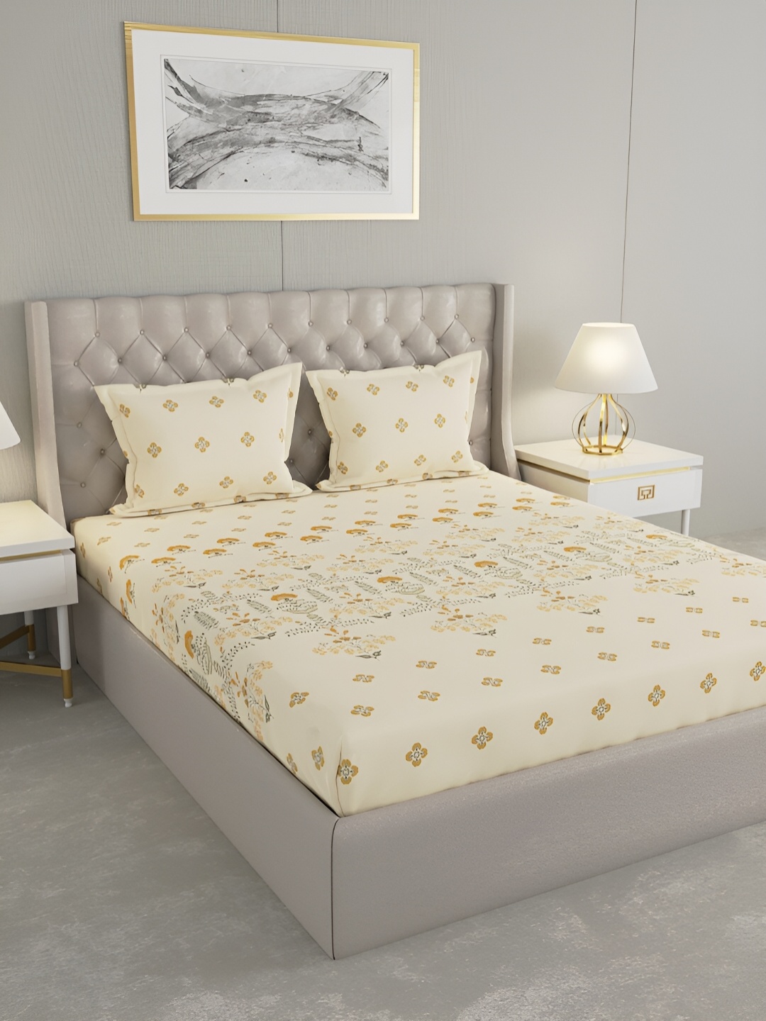 

Raymond Home Yellow & Grey Floral Cotton 120 TC King Bedsheet With 2 Pillow Covers