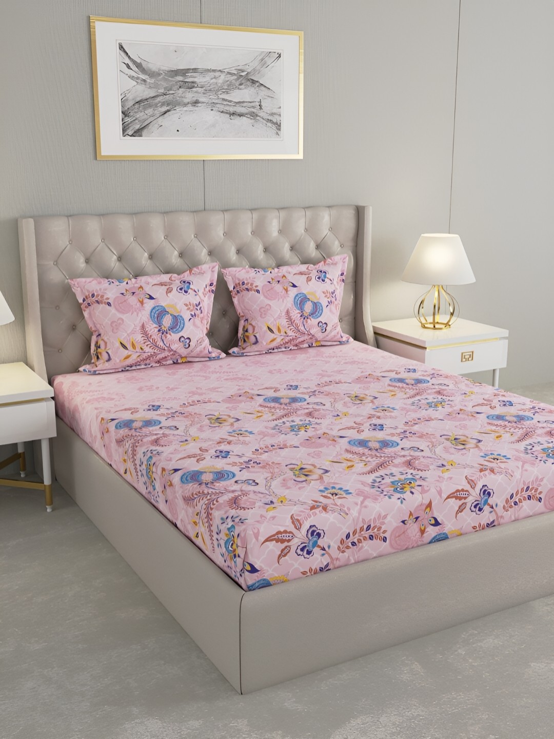 

Raymond Home Pink & Blue Floral Cotton 120 TC King Bedsheet With 2 Pillow Covers
