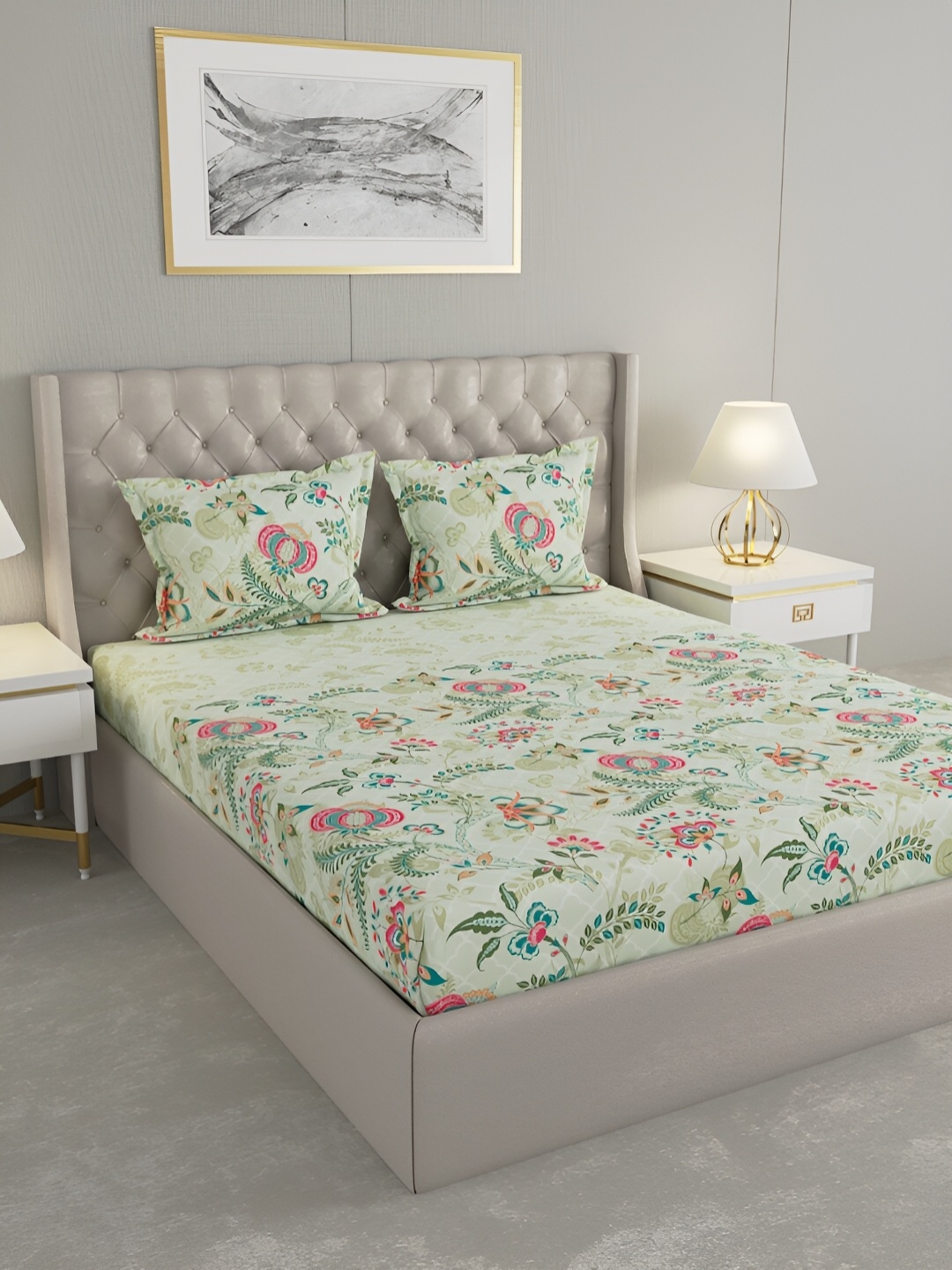

Raymond Home Green & Pink Floral Cotton 120 TC King Bedsheet With 2 Pillow Covers