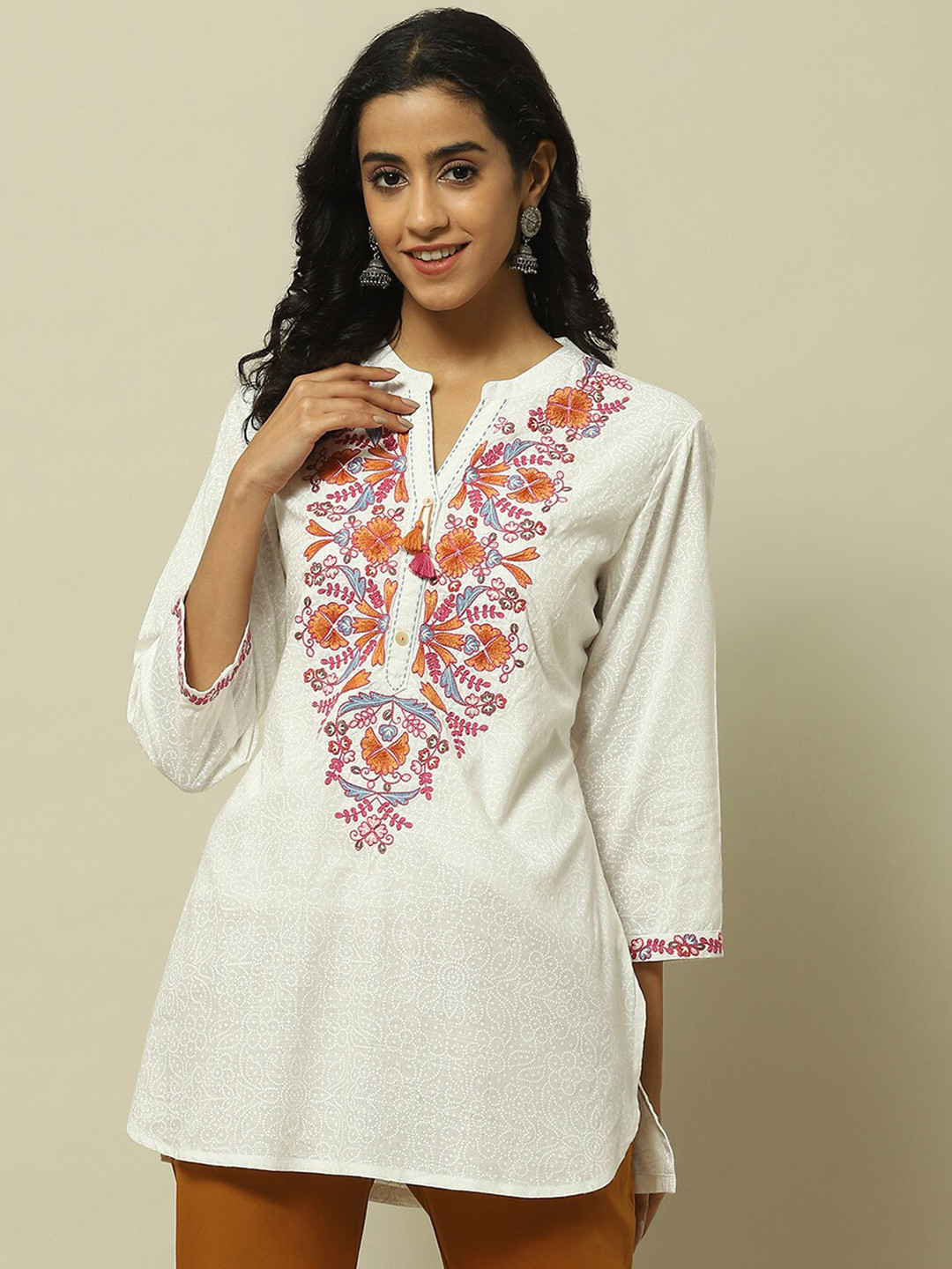 

Rangriti Mandarin Collar Floral Print Mandarin Collar Top, White