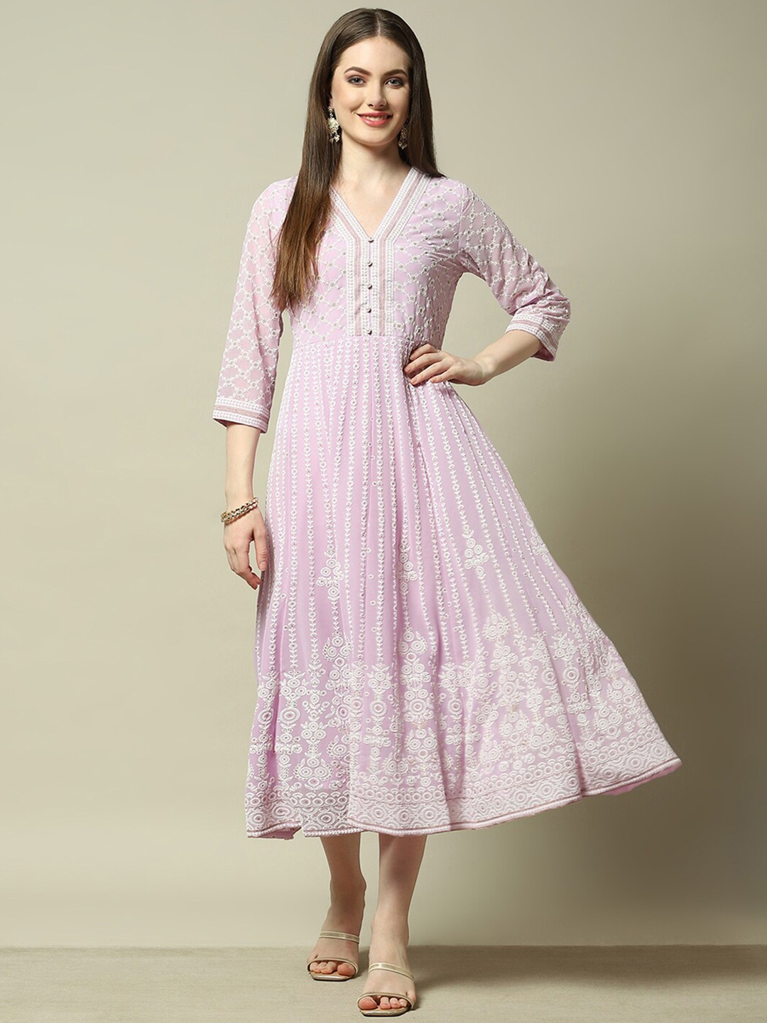 

Rangriti V Neck Ethnic Motifs Print A-Line Midi Dress, Mauve