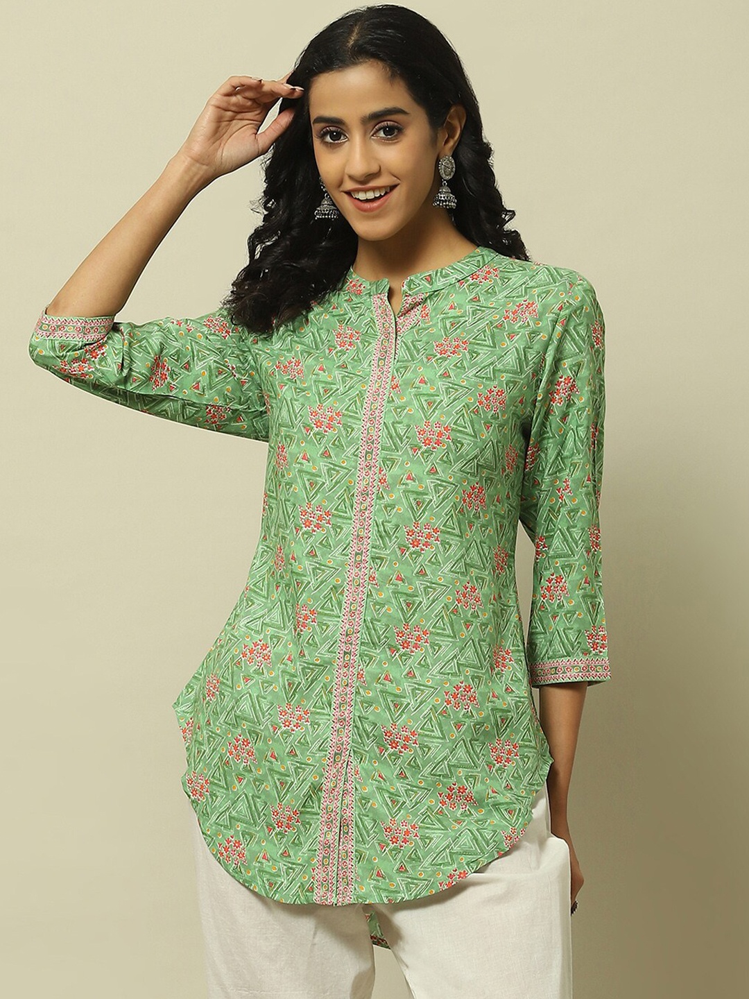 

Rangriti Floral Print Mandarin Collar Shirt Style Top, Green