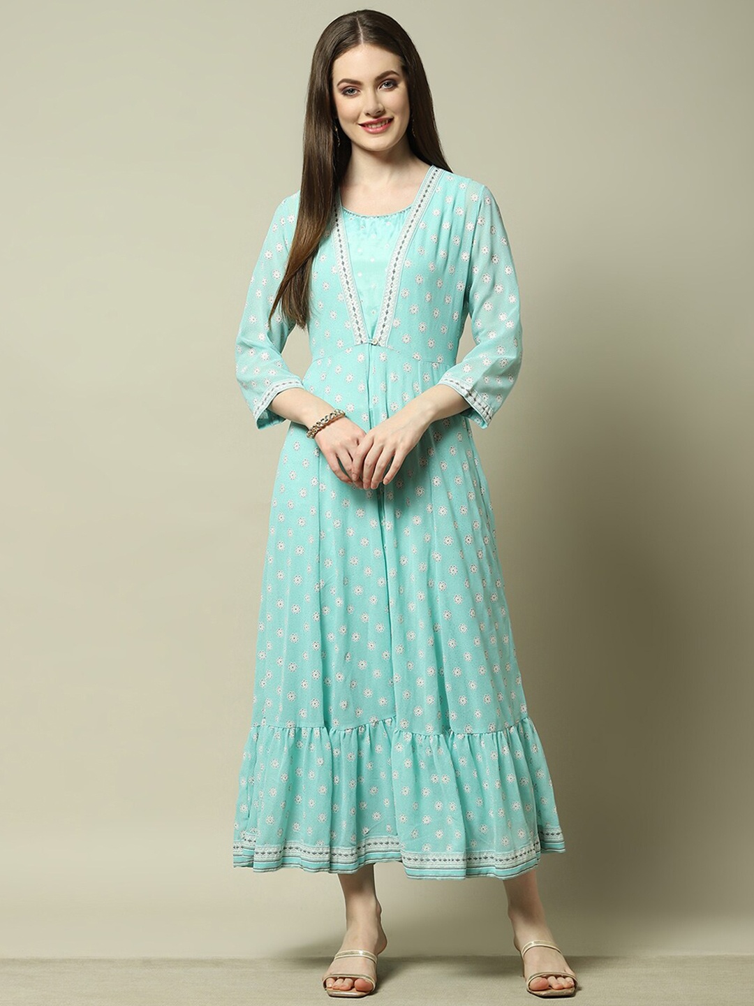 

Rangriti Round Neck Ethnic Motifs Print A-Line Maxi Dress, Blue