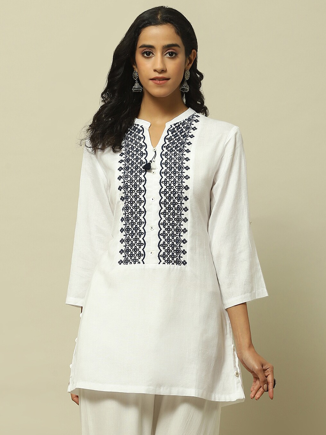 

Rangriti Mandarin Collar Geometric Print Top, White