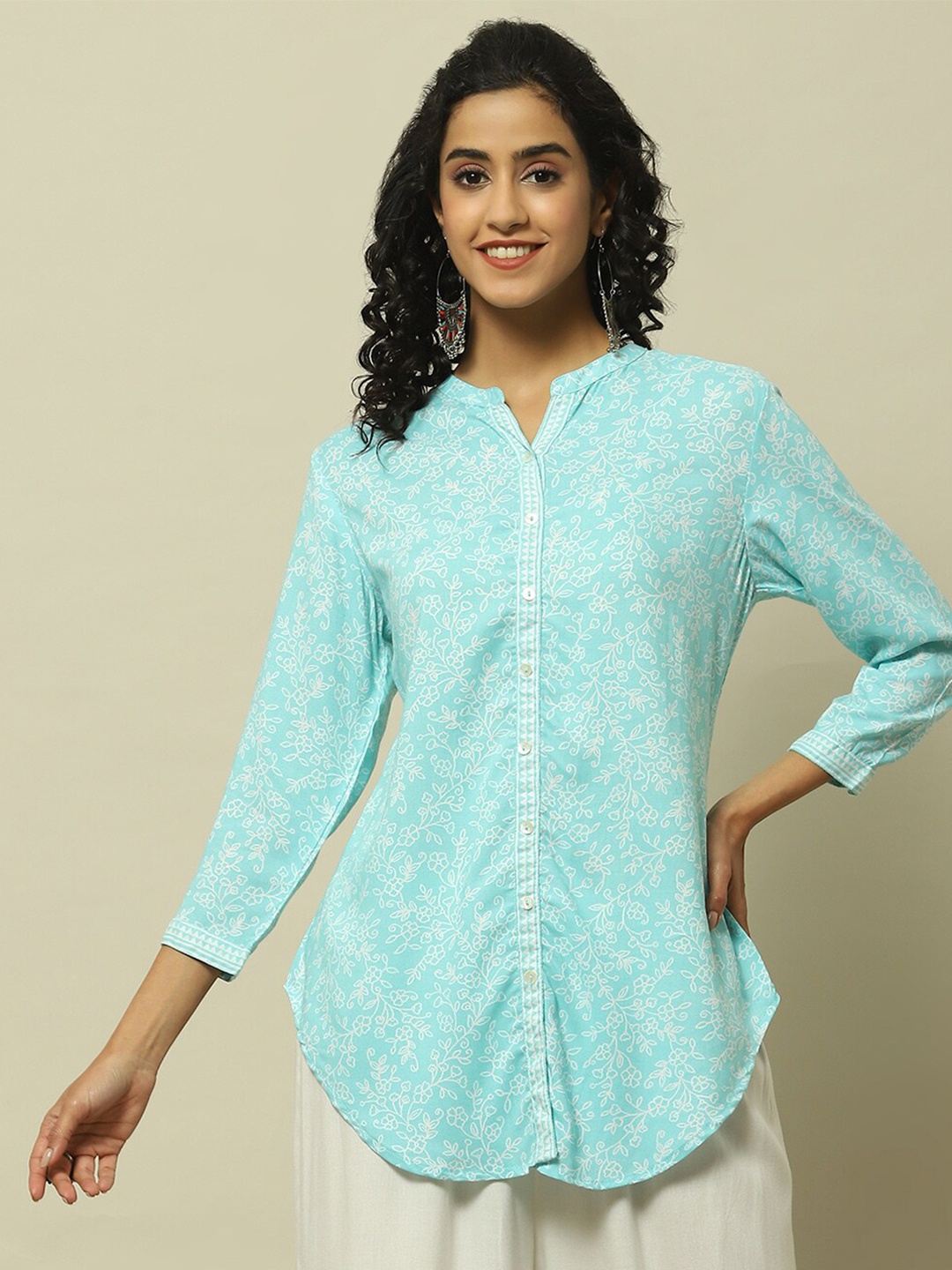 

Rangriti Floral Print Mandarin Collar Shirt Style Top, Blue