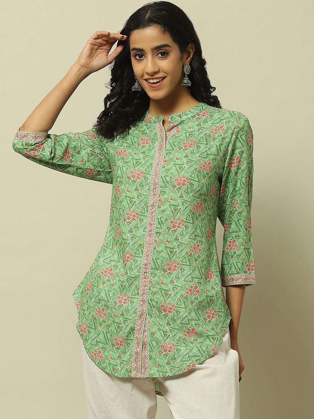 

Rangriti Floral Print Mandarin Collar Shirt Style Top, Green