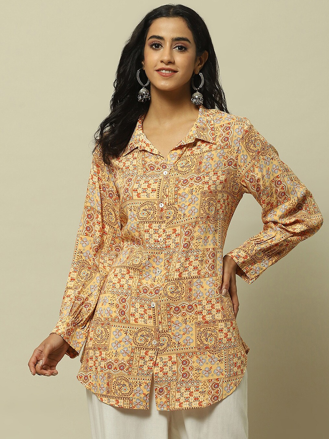 

Rangriti Shirt Collar Floral Print Shirt Style Top, Yellow