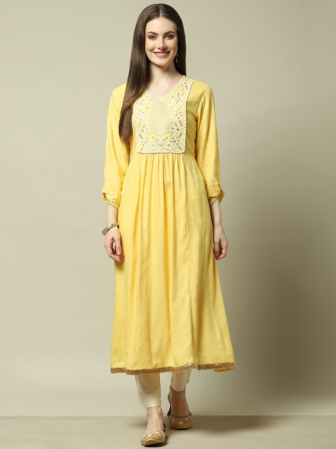 

Rangriti V Neck Slit Sleeves Fit & Flare Midi Dress, Yellow